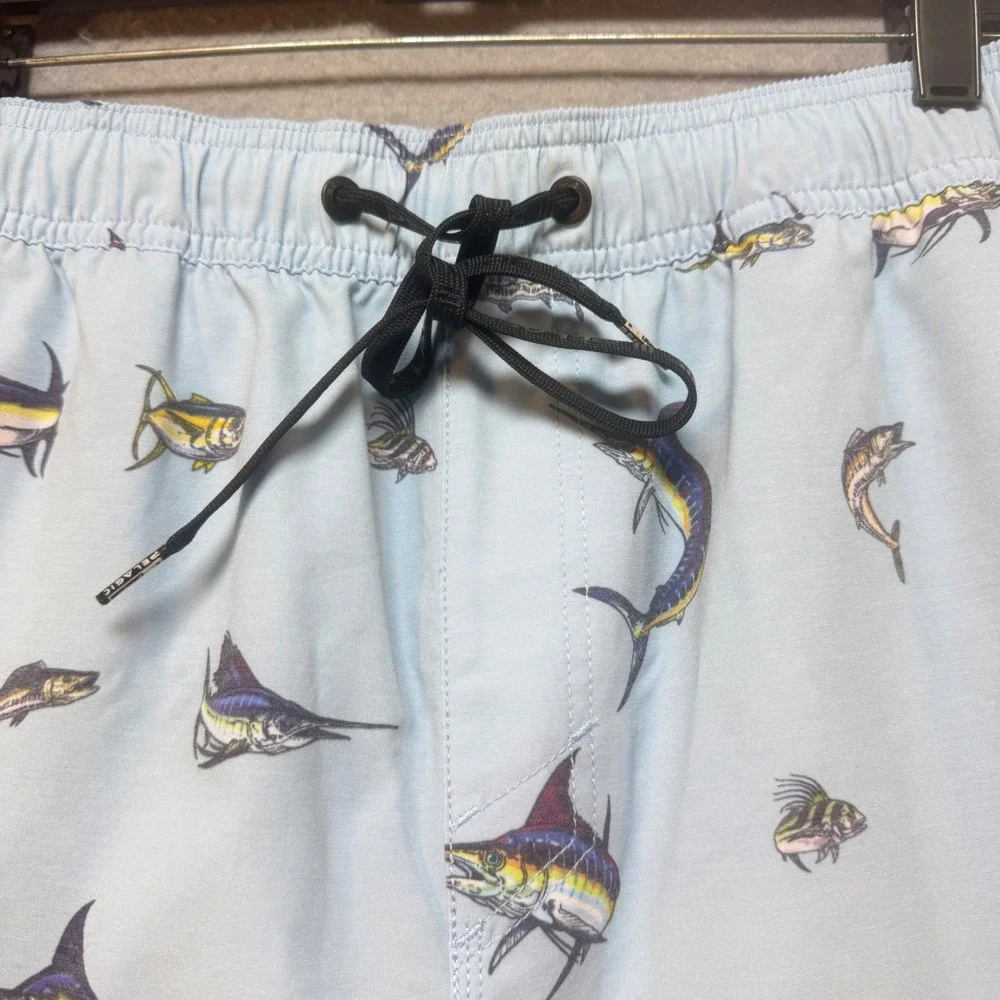 Pelagic Mens XL Light Blue Fish‎ Print Fishing Shorts 34x7 Stretch Marlin Tuna